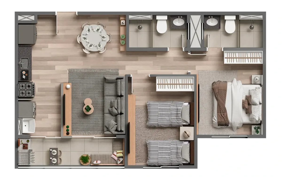 Planta — 2 quartos com suíte